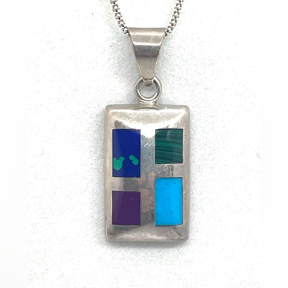 Vintage Sterling Taxco Inlaid Stone Pendant Necklace